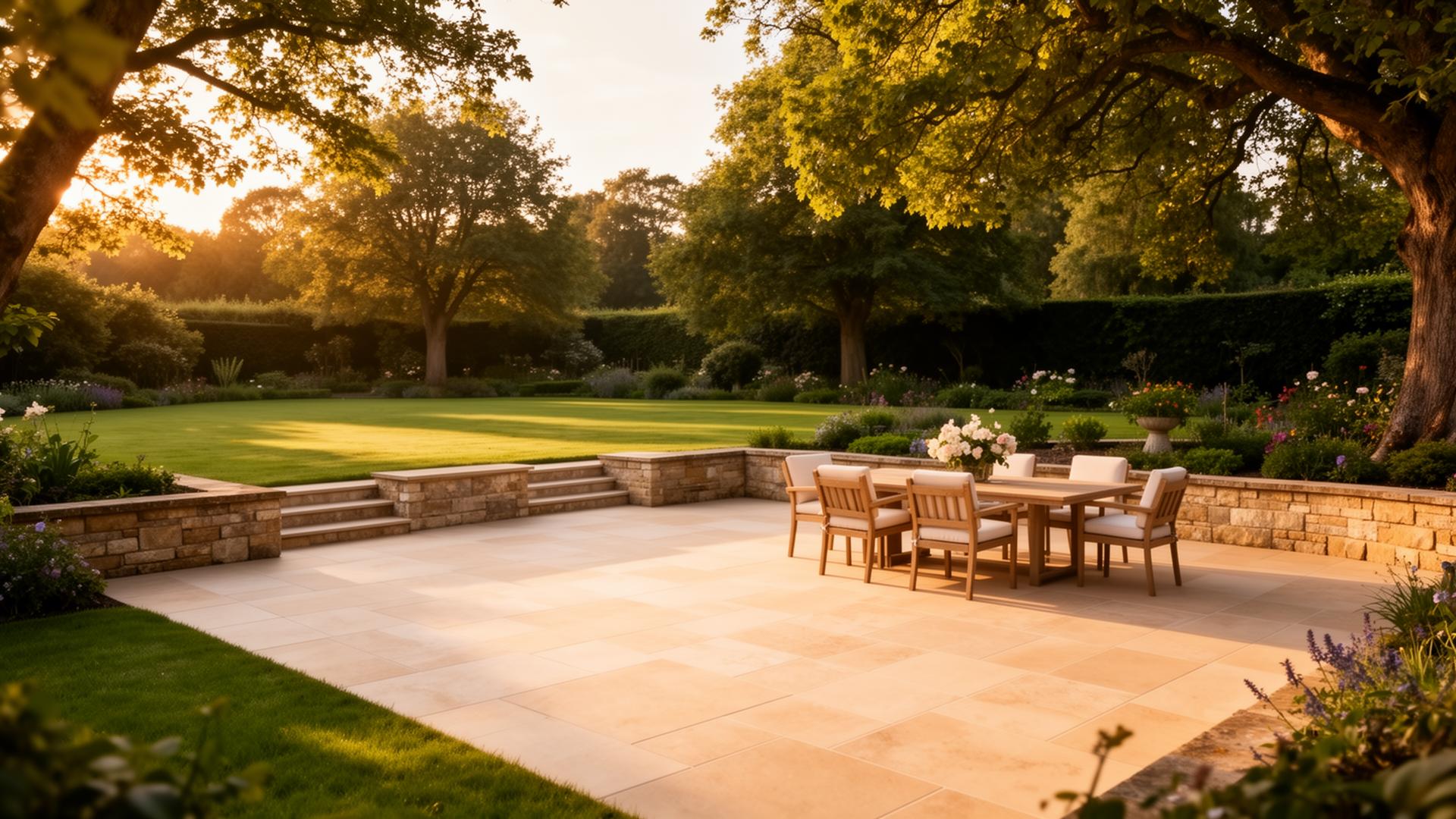Premium English garden with porcelain patio and stone walls at golden hour