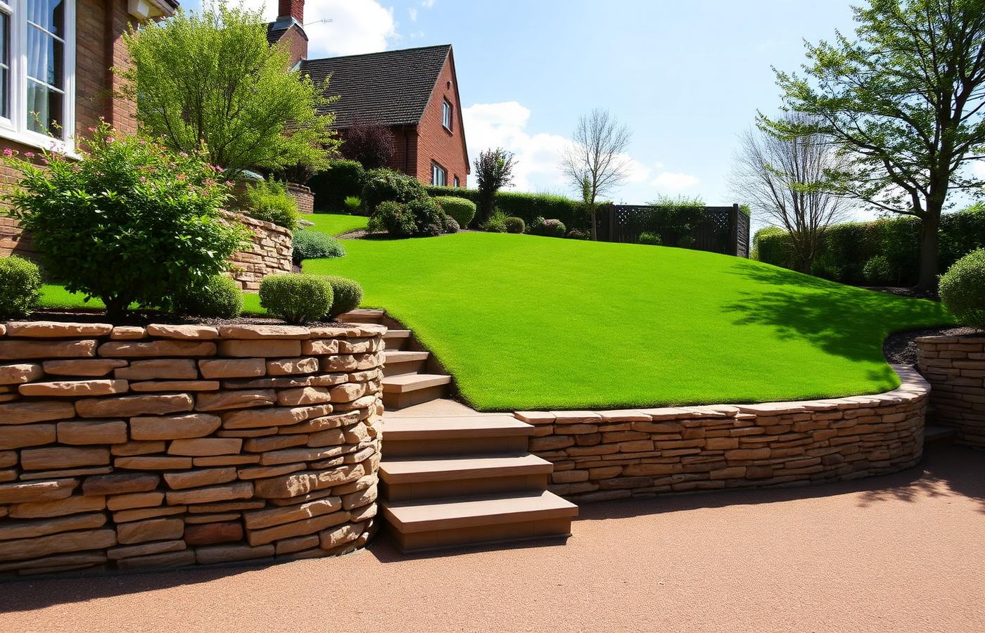 Retaining Wall, Steps & Turfing